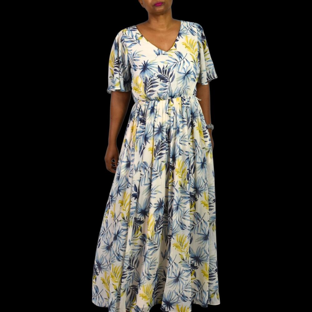 Gal Meets Glam Kiki Maxi Dress Blue Floral Palm Leaf Flutter Sleeve Chiffon 8